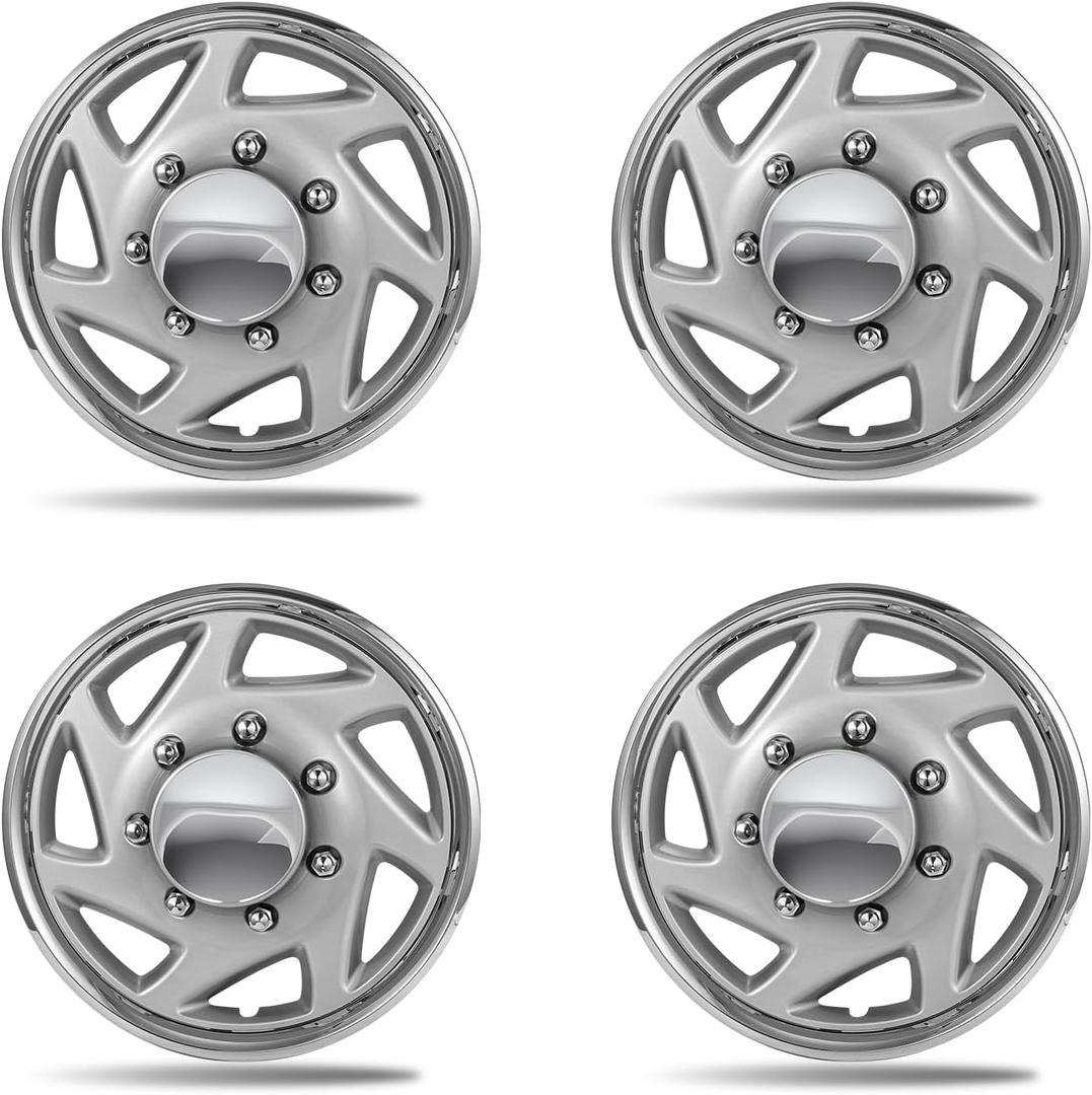 16 Inch Silver & Chrome Wheel Covers Hubcaps for 1992-2025 Ford E150 E250 E350, Fits 8-Lug SRW Factory Steel Wheels, OEM #4C2Z-1130-BA Replacement, 4-Pack