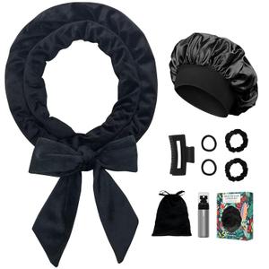 Gwabee No Heat Hair Curlers Overnight Curls Headband - 70" Soft Ribbon Curl Wrap for Long Hair, 9 PCS Curling Rod Set with Bonnet - Black