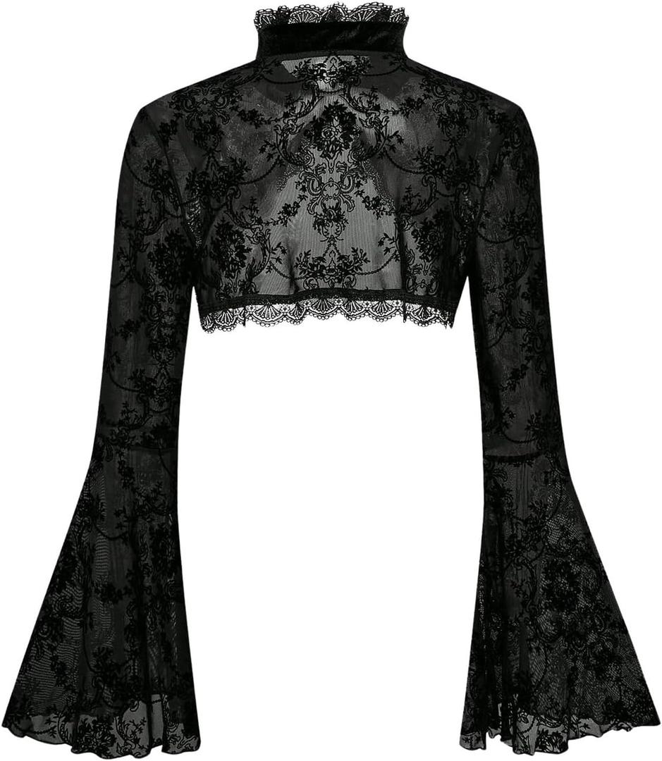 GORGLITTER Women's Lace Bell Long Sleeve Goth Tops Poncho Y2k Mock NeckLightweight Bolero Shrugs Cardigan for Dress Black, X-Large