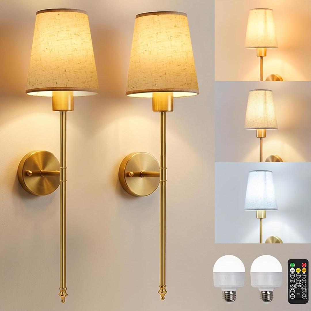 Battery Operated Wall Sconces Set of 2, Wireless Rechargeable Wall Lights with Remote, 5200mAh Dimmable LED Bulbs, 3 Color Temperatures, Gold Wall Sconce for Bedroom, Living Room, Hallway, 24 Inch