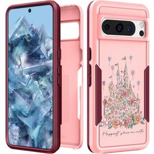 for Google Pixel 8 Pro Case Women - Cute Girls Cover Girly Kawaii Aesthetic Unique Design Flowers Castle Heavy Duty Protective Shockproof Military Grade Teen for Google Pixel 8 Pro Phone Cases
