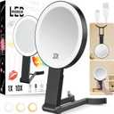 Travel Makeup Mirror with Lights, Lightened 10X/1X Double Sided Magnifying Mirror with 3 Colors, Brightness Adjustable Portable LED Mirror Gifts for Her Women Girls (Black)