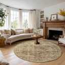 FMFUNCTEX 8ft Round Washable Area Rug Brown Vintage Neutral Distressed Large Non Slip Carpet for Living Room Bedroom Soft Low Pile Indoor Mat Retro Floral Throw Rug for Dining Kitchen Office Nursery