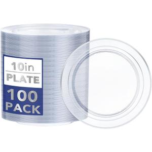 I00000 100PCS Clear Silver Plastic Plates, Clear Plates with Silver Rim, 10 Inch Dinner Plates Premium Party Supply for Wedding Birthdays Party