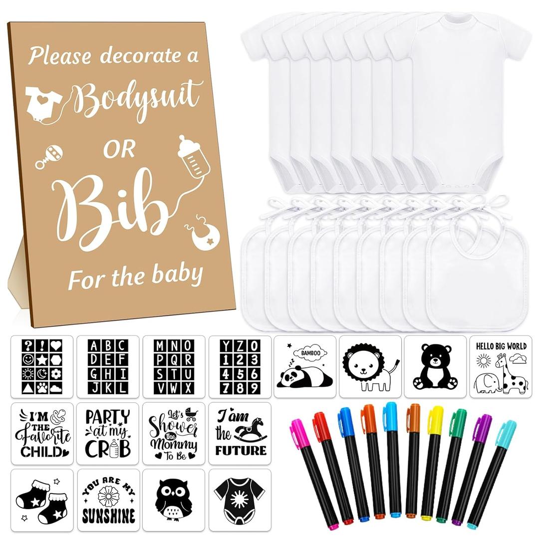 Chuarry 43 Pcs DIY Baby Bibs Decorating Kit 8 Bodysuits 8 Pcs 2 Ply White Bibs 10 Fabric Markers 16 Stencils Baby Shower Sign