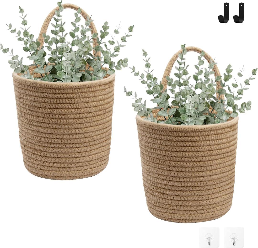 Defined Deco 2 Pack Jute Hanging Basket,Hanging Rope Basket with 4 hooks,Flower Plants Wall Basket Decor Set,Rustic Woven Basket Organizer,Boho Wall Decor for Living Room,Bedroom,Bathroom,Entryway.