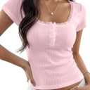 Women Y2K Short Sleeve Button Up Lace Patchwork Crop Tshirt Tops Slim Fit Scoop Neck Henley Summer Girl Tee (Large, Pink)