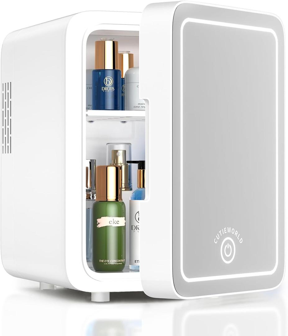 CUTIEWORLD Skincare Fridge With Dimmable LED Light Mirror, 4L Makeup Mini Fridge for Bedroom, Car, Office & Dorm, Cooler & Warmer, Portable Small Refrigerator for Cosmetics, Skin Care and Food, White