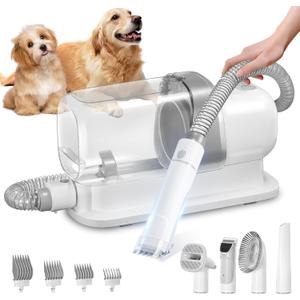 Dog Grooming Vacuum, Pet Grooming Vacuum Kit 2.3L Suction 99% Pet Hair with 5 Tools for Dog Cat for Shedding Grooming, Low Noise (Grey & White)