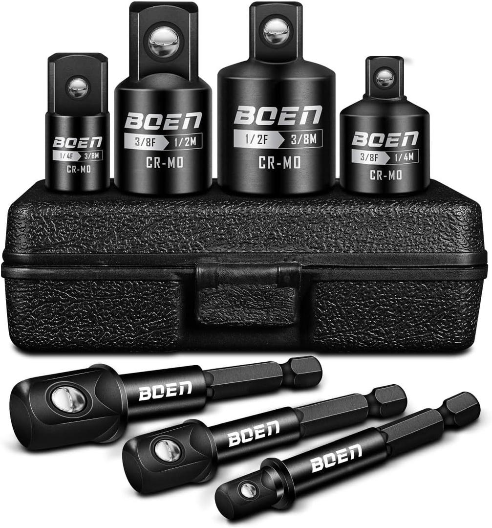 BOEN 7 Pieces Impact Socket Adapter and Reducer Set, 1/4" & 3/8" & 1/2" Drive Socket Adapter Set and 1/4" Drive SAE Hex Shank with Storage Case