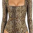 MANGOPOP Women's Square Neck Short Sleeve Long Sleeve Bodysuit Sexy Body Suits Shirt Slim Fitted Tops (Medium)