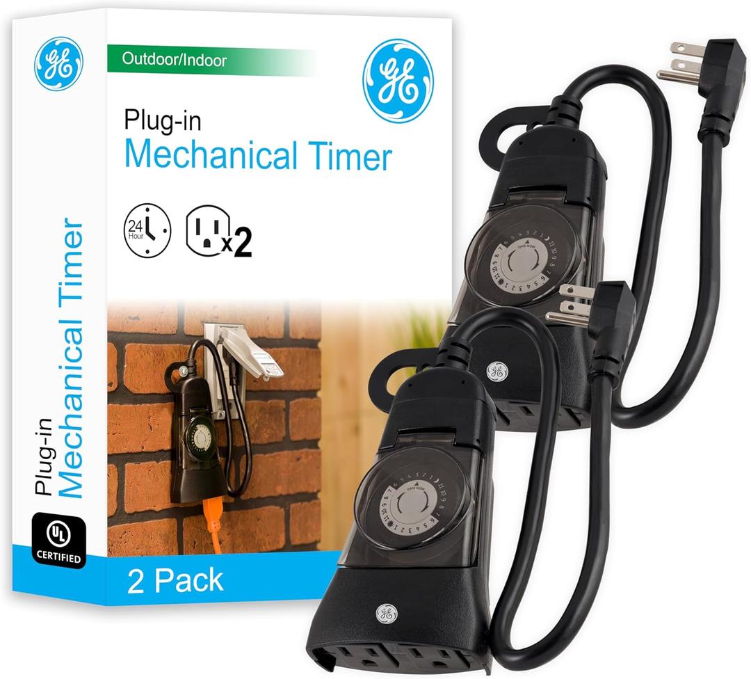 GE 24-Hour Heavy-Duty tdr Mechanical er, 2 Grounded Outlet er, Programmable Daily Cycle, 30-Minute Interval tdr er, Weather Resistant, tdr Light er, Black, 2 Pack, 46224