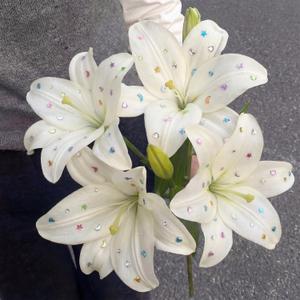 12 Bundles Lily Artificial Flower with 12 Head Full Bloom Lily & 24 Bud White Rhinestone Fake Flower Wedding Bridal Party Decor Home Hotel Bouquet Centerpiece Floral Arrangement