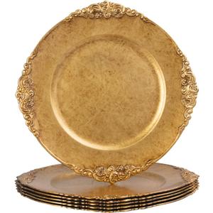 MAONAME Antique Gold Charger Plates, Round Antique Plate Chargers for Dinner Plate, 13" Plastic Charger for Plates, Wedding Table Setting, Set of 6