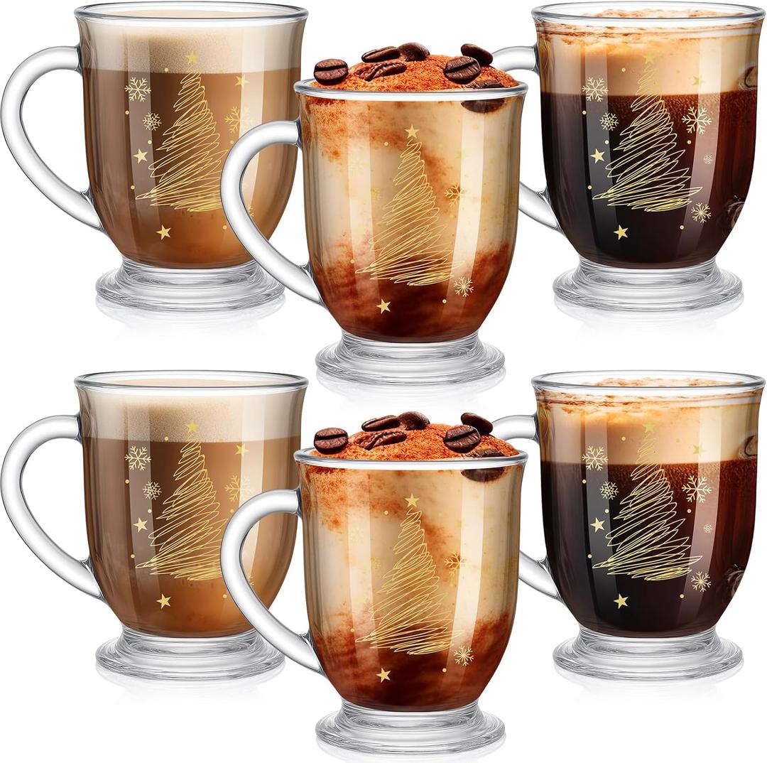 Sliner Set of 6 Christmas Snowflake Glass Coffee Mugs with Handle, 15 oz Clear Irish Footed Coffee Glasses Mugs Winter Holiday for Beverages Latte Hot Chocolate(Christmas Tree)