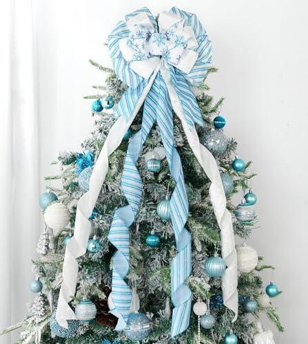 HUIHUANG Blue and White Christmas Tree Topper Bow 13 inch x 45 inch Large Christmas Bows Snowflake Velvet Bows for Christmas Tree Ornament, Wreaths, Staircase, Mantel, Home Decor