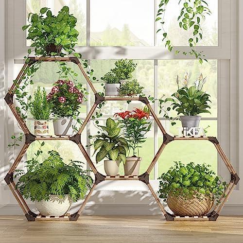 Tikea Plant Stand Indoor Outdoor Hexagonal Plant Stand for Multiple Plants Indoor Large Wooden Plant Shelf 7 Tiered Creative DIY Flowers Stand Rack for Living Room Balcony Patio Window