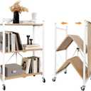 3 Tier Folding Shelf with Wheels, Metal Steel Collapsible Shelves, Folding Bookshelf no Assembly, Portable Folding Storage Shelves, Rolling Standing Utility Rack for Kitchen, Office, Bedroom, Natural
