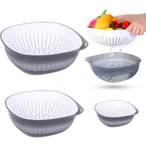 Colander Bowl Set of 2, Nesting Large Capacity Plastic Food Strainer for Pasta, Vegetables and Fruits Washing Draining Basket, Space Saving, BPA Free (Grey)