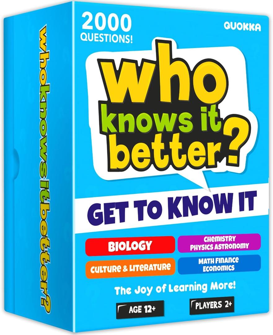 QUOKKA Board Games for Kids 8-12 and Family - Set of 4 Who Knows It Better? - 2000+ Questions Across Biology, Culture, STEM and Math - Educational Trivia Cards for Learning and Game Night