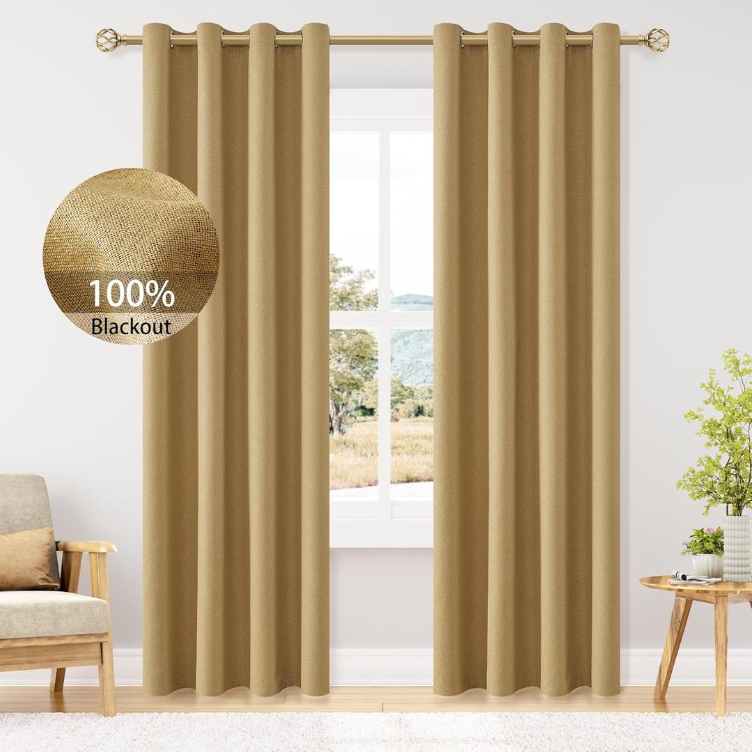 ChrisDowa 100% Blackout Mustard Yellow Linen Curtains 90 Inches Long 2 Panels for Bedroom Living Room Farmhouse Room Darkening Thermal Insulated Soundproof Grommet Top Window Treatment Drapes,52x90 (52"W x 90"L (Pack of 2))