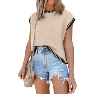 Disamer Cap Sleeve Knit Sweater Tops Sleeveless Vest 2026 Spring Clothes Oversized Summer Tank Trendy Short Sleeve T Shirts (Beige, XL)