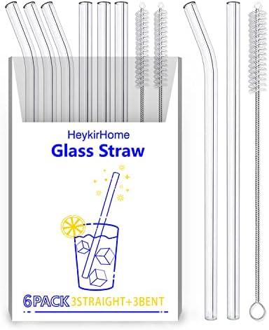 HeykirHome 6-Pack Reusable Glass Straw-Transparent,Size 8''x10 MM,Including 3 Straight and 3 Bent with 2 Cleaning Brush- Perfect For Smoothies, Tea, Juice-Clear