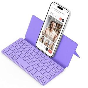CACOE Wireless Keyboard with Stand, Mini Keyboard for Cell Phone, Ultra-Slim Portable, Foldable, Dual-Channel QWERTY with Stand Holder for Smartphone and More iOS Android Windows, Purple