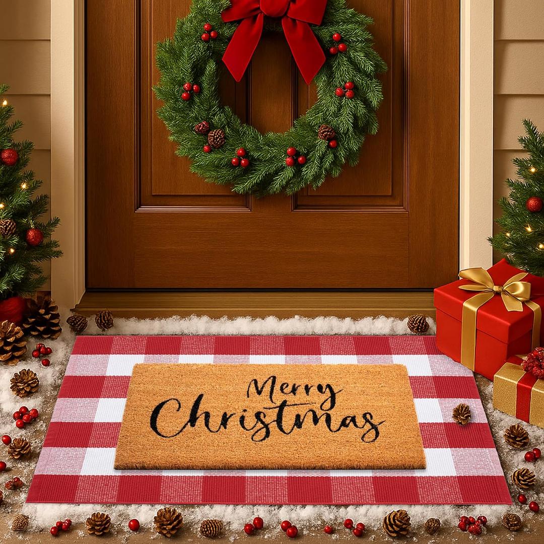 Christmas Door Mat Set, 2-Piece Layered Front Porch Welcome Mat Combo with Red White Plaid Rug and Coir Doormat, Outdoor Entryway Decor for Holiday Porch, Patio, Garden