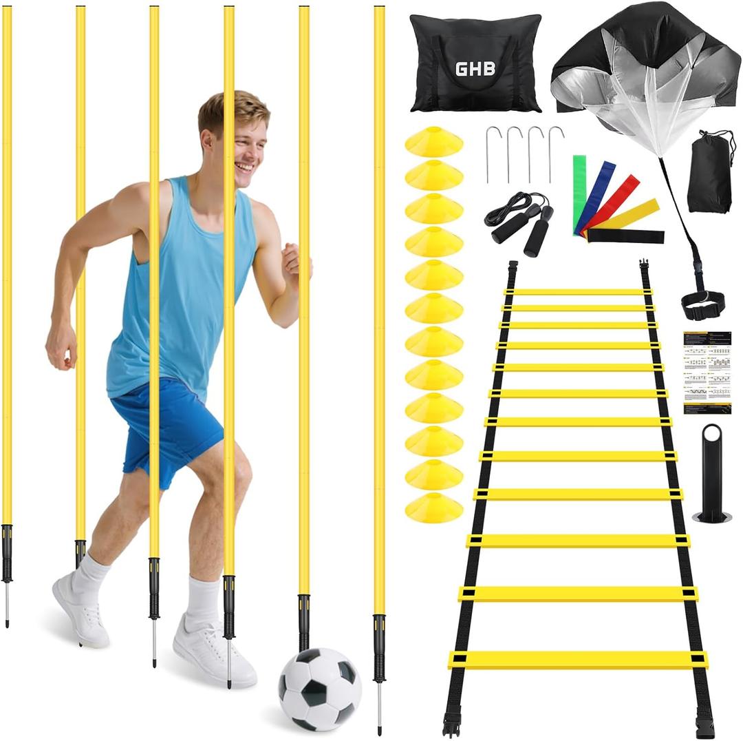 GHB Soccer Agility Training Equipment, 6 Agility Poles, 20ft Speed Ladder, 12 Disc Cones, Resistance Parachute, Jump Rope, 5 Resistance Bands, Soccer Training Poles for Speed Agility Training (Yellow)