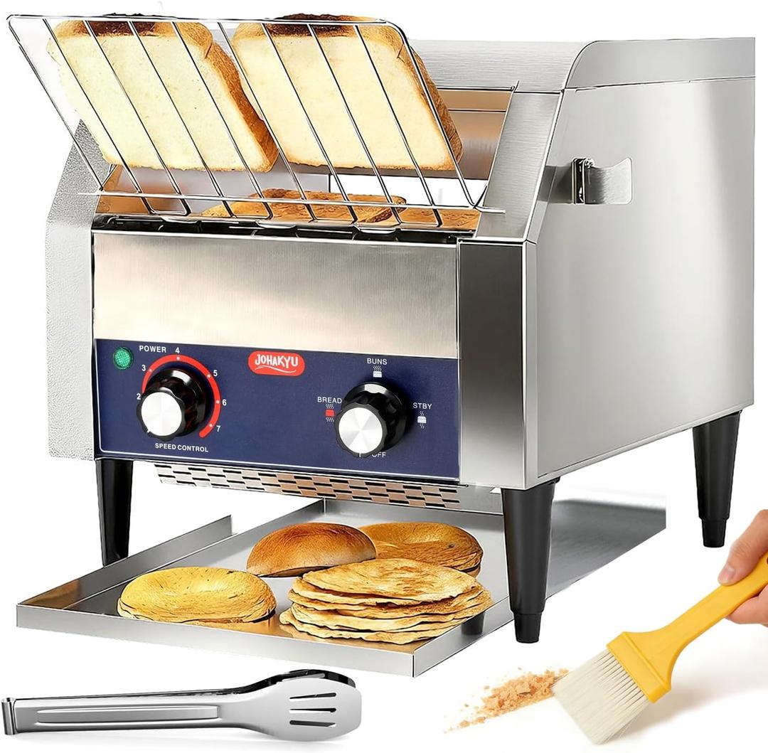 JOHAKYU Commercial Conveyor Toaster - 300 Slices/Hour, Heavy Duty Stainless Steel for Buns Bagels Bread Restaurant Use/Includes Cleaning Accessories