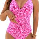 Blooming Jelly Womens Tummy Control Tankini Swimsuits V Neck High Waisted Bathing Suit Embroidery Two Piece Swimwear (Medium, Hot Pink)