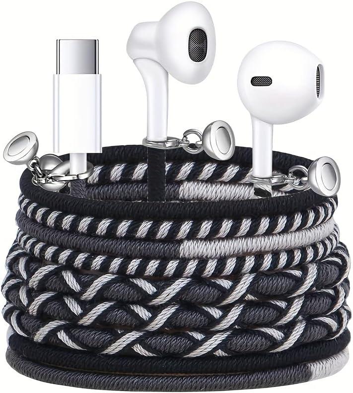 URIZONS Wired Earbuds USB-C with Microphone Bracelet Design Tangle-Free Necklace & Braided Colorful Cord, Magnetic Lock | Compatible with iPhone 14/15/16/17, PS5 for Music, Sports, Gaming (Black)