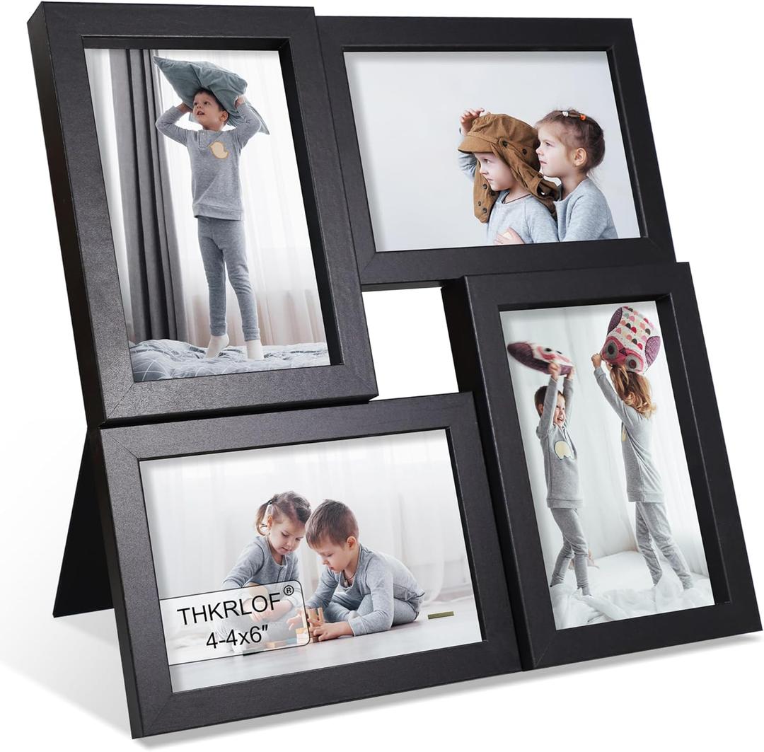 4x6 Picture Frames Collage 1 Pack, 4 Opening Multi Family Photo Collage Frames with Real Glass for Wall Hanging or Tabletop, Black