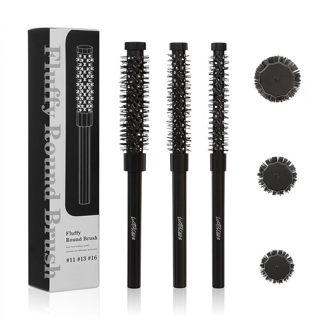 3pcs Small Round Hair Brush for Short Hair - Barrel Hair Brush for Blow Drying, Aluminum Round Brush for Bobs, Bangs, Lobs, Roots, Curling, Pixie Cuts, Straight Hair - Black