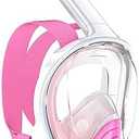QingSong Full Face Snorkel Mask for Adults, Snorkeling Gear with Camera Mount, 180 Degree Panoramic View Snorkel Set Anti-Fog Anti-Leak (Small-Medium, White Pink)