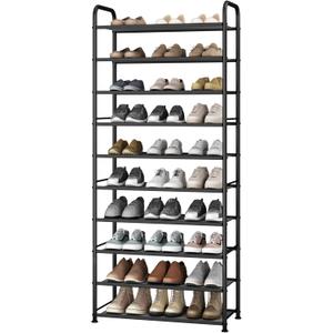 STO STO 10-Tier Shoe Rack with Sturdy Mesh Shelves, Tall Metal Shoe Organizer for Entryway, Closet, Garage, Front Door, Holds 30 Pairs, Free Standing Large Shoe Storage Shelf, Adjustable Feet, Black