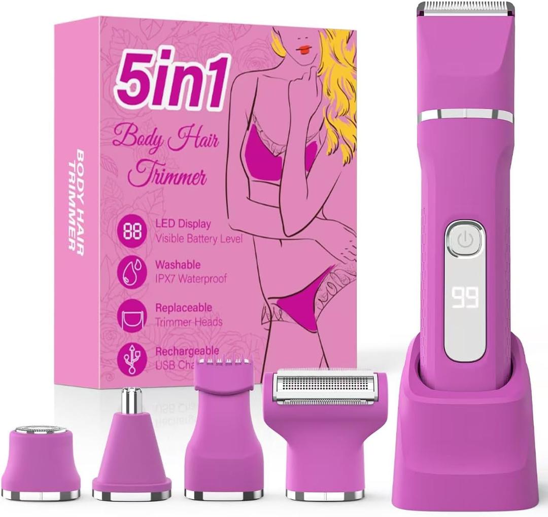 Bikini Trimmer for Women,5-in-1 Electric Razors for Women,Electric Shaver for Women's,IPX7 Waterproof Trimmer for Men Legs,with 5 Replaceable Blade Heads,USB Recharge DockRose Pink