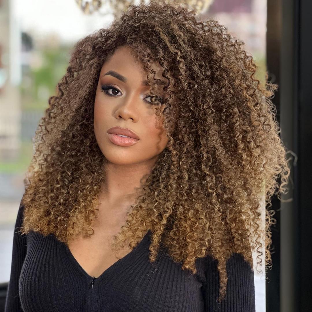 HUA Curly Half Wig for Black Women Medium Brown to Blonde Color 18 Inch Kinky Curly 3 IN 1 Half Wig With Drawstring Seamless Clip Ins 180% Density Protein Synthetic Hair Boast Human-Hair-Like Touch (T6-27A)