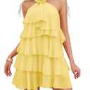Kaei&Shi Women's Chiffon Halter Neck Mini Dress Tiered Ruffle Backless Birthday Brunch Dresses with Detachable Flower Yellow X-Large
