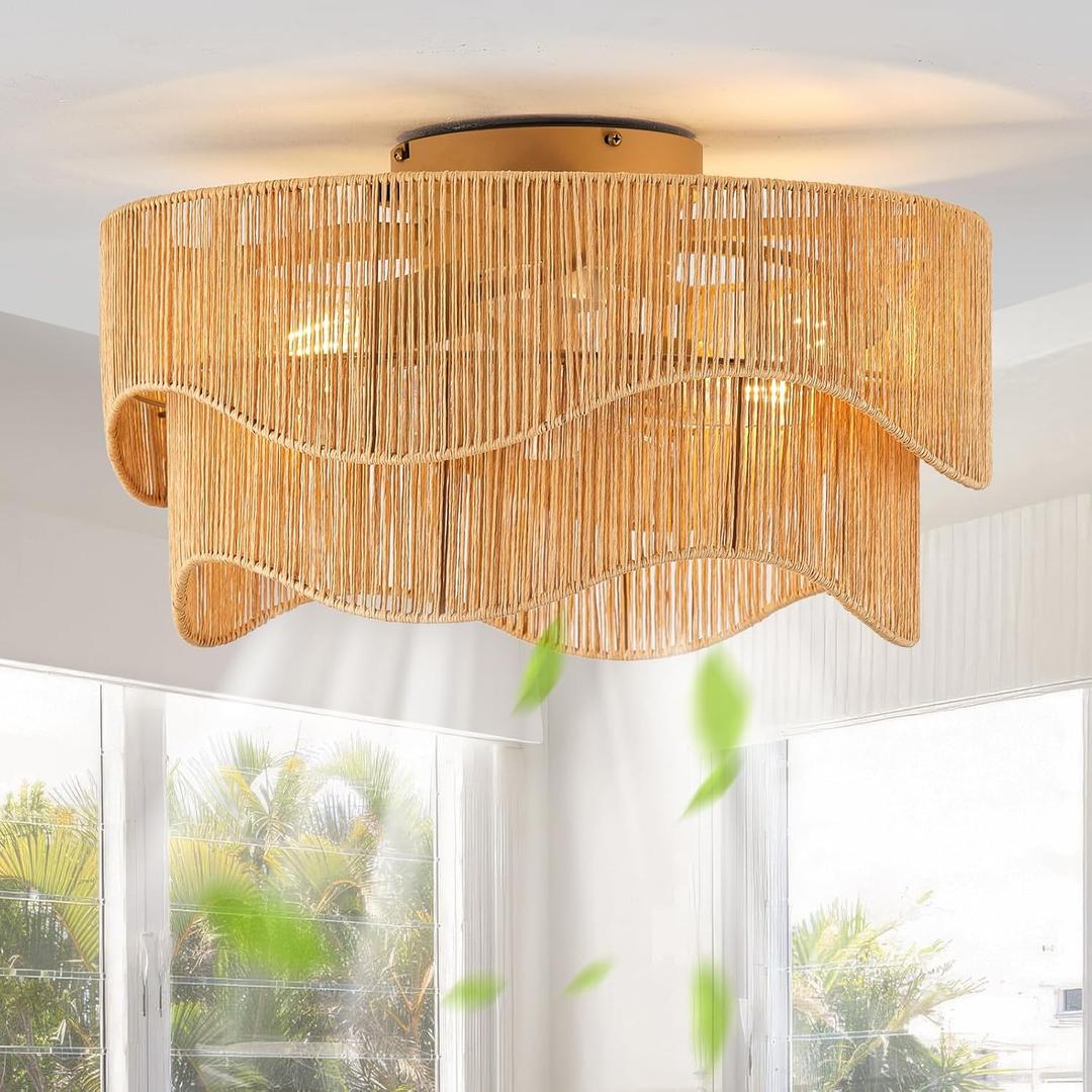 Flush Mount Ceiling Fan with Lights, 20" Low Profile Boho Ceiling Fan with Light Remote Control, Caged Rattan with 6 Speeds for Bedroom, Nursery, Living Room (Brown)