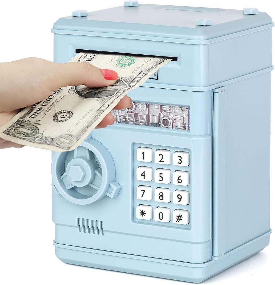 Refasy Piggy Bank Cash Coin Can ATM Bank Electronic Coin Money Bank for Kids Age 3-12, Money Savings Box Mini ATM Coin Bank Toys Gifts for 3 4 5 6 7 8 9 10 11 12 Year Old Boys Girls (Light Blue)