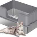 Stainless Steel Litter Box with Lid, Extra Large High Sided Cat Litter Trays, Litter Box with Anti-Slip Cat Litter Mat and Scoop Easy Clean Detachable (grey 1)