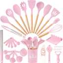 Astercook Kitchen Utensils set, 39 PCS Silicone Cooking Utensils Set with Wooden Handle, 446F Heat Resistant Food Grade Utensil Sets, BPA Free Kitchen Gadgets Tools Set for Mothers Day Gifts (Pink)