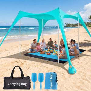 12x12 FT Beach Tent Sun Shelter UPF 50+, XL Beach Canopy with 4 Thickened Aluminum Poles, Sandbags, Windproof Portable Beach Sun Shade with Beach Blanket, Shovels, for Outdoor Camping Fishing RV Trip