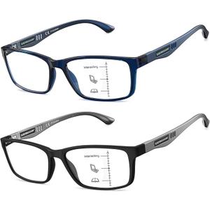CARA Extremely Lightweight Progressive Multifocus Reading Glasses for Men No-Line Blue Light Blocking Computer Readers 2Pack, 2.00x