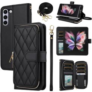 Wallet Case for Samsung Galaxy Z Fold 5 5G 2023 with Wrist Strap, Crossbody Shoulder Strap, 9+ Card Slots Zipper Purse, Luxury PU Leather Stand Cell Phone Cover for ZFold5 Z5 G Fold5 5Z Black