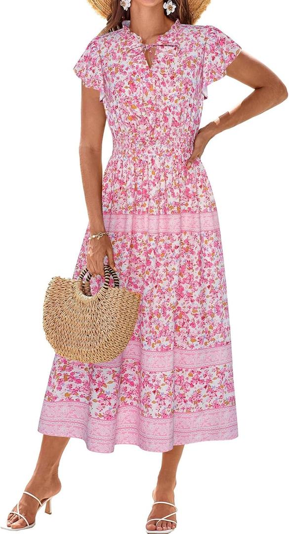 GRACE KARIN Women's Floral Boho Dress Hawaiian Dresse Short Sleeve V Neck Summer Beach Wedding Guest Swing Maxi Sundress (Large, Pink Little Floral)