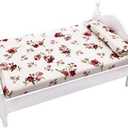 EatingBiting 1:12 Decorate Mini House Miniature Furniture Vintage Wooden Bed Red Floral Single 1/12 Retro Bed with Decor Accessory Delicate Doll House Furniture Miniature Role Playing Window Display
