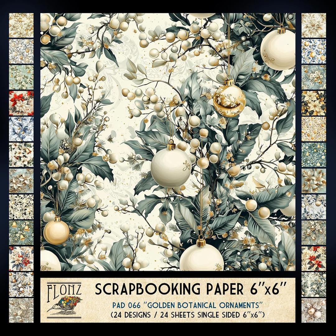 FLONZ Scrapbook Paper (24 sheets 6"x6") Golden Botanical Ornaments ~ Festive floral elements and decorations in beige gold palette, painted in soft watercolor with elegant Christmas compositions